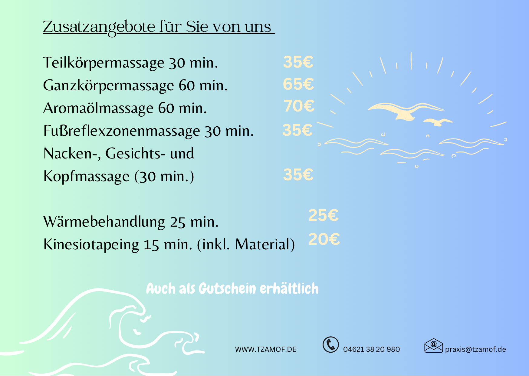 übersicht der Preise für Massage & Kinesio 1